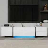 Merax Armoire TV avec LED et 3 portes, Buffet TV avec tiroir et porte abattante, Buffet TV avec espace de rangement moderne, blanc brillant