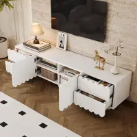 MODFU Armoire TV Support TV avec bords arrondis,Buffet bas Panneau TV avec construction plate et espace de rangement bien pensé,Blanc