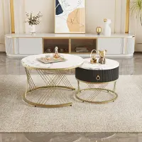 Merax Ensemble table de salon 2 pièces avec tiroir, table basse avec plateau imitation marbre, design moderne table de salon avec cadre métallique, blanc