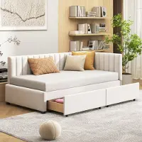 Merax Lit de jour 90x200cm Canapé-lit avec 2 tiroirs et sommier à lattes, lit rembourré en velours Lit d'enfant Day-lit Canapé-lit avec accoudoirs, Beige