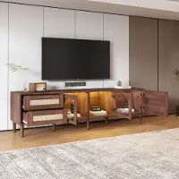 Merax Armoire TV 180cm avec 2 tiroirs en rotin, 2 portes en verre et 1 porte en rotin, meuble TV bas pour téléviseur 80 pouces, meuble TV avec LED et verre, brun