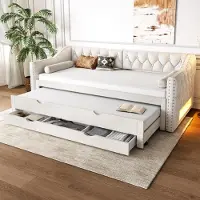 Flieks Lit rembourré Canapé-lit 90x200cm avec lit gigogne, Lit de jour Daybed Lit simple avec Led et 3 tiroirs, Lin, Beige