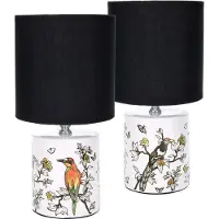 Ed Brubaker Lot de 2 Lampes de table ou de chevet Design Asiatique Oiseau - Lampes chinoises avec pied en céramique - 29,5 cm de hauteur, Blanc Noir