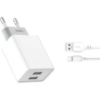 XO Chargeur mural 2.4A L65 Alimentation 2x USB + câble de charge de type C Chargeur USB-C compatible avec les smartphones