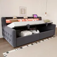 Flieks Canapé-lit Lit de jour 90x200cm avec espace de rangement, lit rembourré pour adolescents avec Led, canapé-lit simple avec fonction de chargement, velours, gris foncé