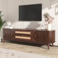 Merax Armoire TV avec 2 tiroirs et 2 portes coulissantes cintrées, Lowboard en rotin tressé, largeur 170cm, Noyer