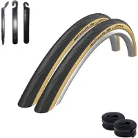 Schwalbe 2 pneus de vélo de route Lugano 2, 700 x 25C (25-622), noirs/classiques, + 2 chambres à air SV15, comprenant des démonte-pneus
