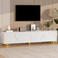 Merax Armoire TV 180 cm Blanc avec design de nuages, Meuble TV 180 cm pour 75 pouces, Buffet TV avec 4 portes, capacité de charge 65 kg, espace de rangement ludique