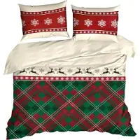 Eurofirany | Linge de lit de Noël - 220 x 200 cm - coton - housse de couette et 2 taies d'oreiller - motif à carreaux - blanc rouge vert