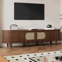 Merax Meuble TV avec design en rotin, meuble TV avec 2 portes et 2 portes à rideaux, support TV en MDF, jusqu'à 80 pouces, noyer