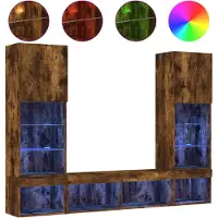 vidaXL Meuble-paroi 5 pièces avec éclairage LED Chêne fumé Matériau dérivé du bois