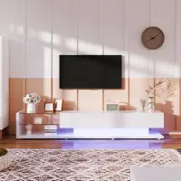OKWISH Meuble TV LED 170 x 36 x 38 cm, meuble bas brillant pour salon, étagères en verre et éclairage LED réglable, style campagne chic et moderne, blanc