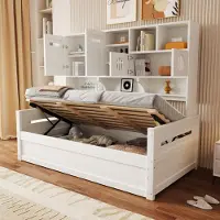 Flieks Lit de jeune Lit simple 90x200cm avec armoire et compartiments de rangement ouverts, Canapé-lit hydraulique en bois Lit de jour avec espace de rangement, Lit classique
