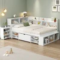 Flieks Lit en bois Lit classique 140x200cm avec armoire extensible, lit double avec compartiment de rangement, lit d'enfant avec sommier à lattes, blanc
