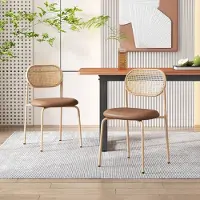Flieks Chaises de salle à manger, Lot de 2, Chaises de cuisine avec dossier en rotin, Chaise de salon Chaise de salle à manger avec pieds en métal, Marron