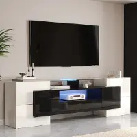OKWISH Meuble TV 200 cm - Éclairage LED et Surface en Verre - Blanc