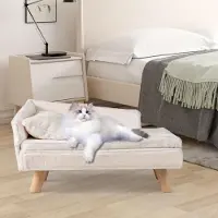 Costway Canapé pour chats de luxe, Lit pour chats surélevé, Canapé pour chats avec 2 coussins amovibles, dossier & pieds en bois, Fauteuil pour chats Canapé pour animaux domestiques Souple, Blanc