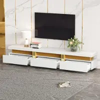 Merax Lowboard Armoire TV en optique marbre, Tableau TV moderne avec 3 tiroirs et gestion des câbles, support TV pour téléviseur jusqu'à 90 pouces, blanc