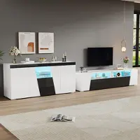 Fortuna Lai Combinaison d'un meuble TV et d'un meuble d'appoint, 180*38,5*45 cm Meuble TV brillant, meuble TV avec éclairage LED, meuble bas, 140 x 40 x 65 cm, buffet de salon, noir et blanc