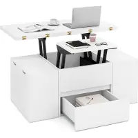 Costway Table basse avec 4 tabourets, table de salon avec compartiment caché et tiroir, table basse 3 en 1, table à manger, table de canapé, 100 x 50 x 44 cm, blanche