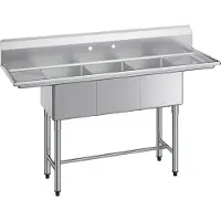 StarTech.com Évier gastronomique - Évier en acier inoxydable à 3 bacs - Avec 2 égouttoirs - Avec pare-éclaboussures - Dimensions 167,8 x 55,8 x 109,7 cm - Pour restaurants et camions-restaurants - Argent