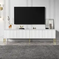 Merax Lowboard avec pieds dorés et porte rainurée, meuble TV avec séparateurs, table TV - espace de rangement pour l'électronique, blanc