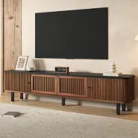 Merax Meuble TV avec 2 portes coulissantes et 2 portes grillagées, meuble TV bas avec compartiments de rangement, support TV avec poignées rondes en fer noir, noyer