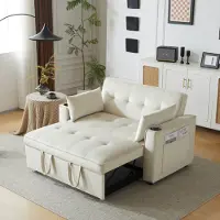 MODFU Canapé Droit Convertible - 2 Places - Canapé Multifonction avec Porte-Gobelets - Revêtement en Velours Beige