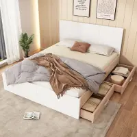 Merax Lit double en bois 140x200 cm avec 2 tiroirs, Lit moderne avec sommier à lattes et cadre de lit, Lit de rangement en bois massif, blanc + chêne