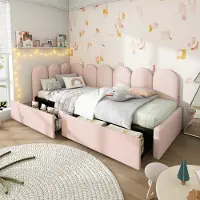 Flieks Lit rembourré 90x190cm avec 2 tiroirs, Canapé-lit avec sommier à lattes, Lit de jour Lit d'invité Lit de rangement Lit de canapé Lit d'enfant Lit d'adolescent, Velours, Rose