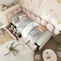 MODFU Lit Banquette Enfant 90x200 cm - Lit d'appoint avec Tiroirs et Tissu Velours - Rose - Sans Matelas