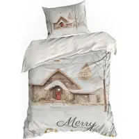 Eurofirany |Linge de lit de Noël - Garniture de lit - 140 x 200 cm - coton - blanc or crème - Motif avec cabane de Noël