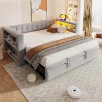 Flieks Canapé-lit Fliek 90 x 190 cm/180 x 190 cm avec prise électrique, lit rembourré simple avec cuir et lit gigogne, lit de jour avec étagère, flanelle, gris clair