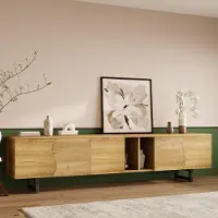 Merax Armoire TV avec cadre en fer, buffet bas à cinq portes avec étagères ouvertes et façade en bois incurvée, support TV moderne, naturel