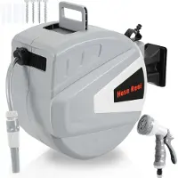 HENGDA Enrouleur de tuyau pivotant , Enrouleur de tuyau de jardin 20 m, Enrouleur de tuyau, Box mural pour tuyau avec arrêt, Support mural inclus, gris