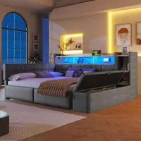 Flieks Canapé-lit 140 x 190 cm avec repose-pieds hydraulique, lit rembourré double avec fonction de rangement et cuir, lit pour adolescent en velours avec rangements, gris