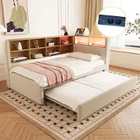 OKWISH Lit Gigogne 90x200 cm - Lit Double avec Lit 90x190 cm Coulissant et Port USB, Tissu Flanelle Beige, Rangements Intégrés, Sans Matelas