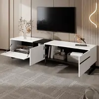 OKWISH Meuble TV 180 cm - Meuble de Salon Moderne avec Portes Battantes et Abattant, Étagères Ouvertes et Rangement Intégré, Particle Board Blanc