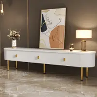 OKWISH Meuble TV bas avec tiroirs, poignées et pieds dorés, coins arrondis, design moderne pour salon – blanc 174×35×41 cm