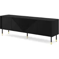 Homlando Meuble TV WOODY BLACK 4D 180 cm NOIR MAT - Façades en MDF rainurées - Meuble TV sur pieds