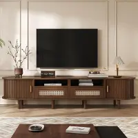 Merax Meuble TV ovale avec 2 tiroirs et 2 portes coulissantes, meuble TV bas avec 8 pieds pour téléviseur jusqu'à 70 pouces, design moderne avec rotin, noyer
