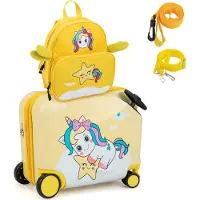 Costway 2pcs valise + sac à dos pour enfants, 12"+18" trolley pour enfants avec roulettes et coque rigide imperméable (jaune licorne)