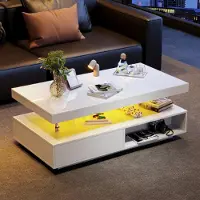Sweiko Table basse blanche brillante 95x50x42,5 cm - avec 4 plateaux en verre, 2 tiroirs et 2 compartiments ouverts, meuble bas dans le salon, table basse