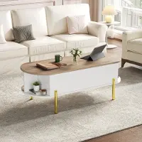 MODFU Table Basse avec Rangement - Table de Salon Moderne en Bois Naturel et Blanc, Plateau Réglable - 120x50x43 cm