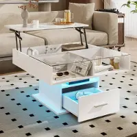 Merax Table basse Lift 78x78 cm avec éclairage LED, table basse réglable en hauteur, espace de rangement moderne peu encombrant pour le salon & le bureau, blanc brillant