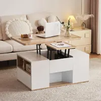 Merax Table basse multifonctions relevable , design 2 en 1, table d'appoint réglable en hauteur, espace de rangement, meuble de salon moderne, blanc et naturel