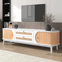 Merax Armoire TV avec 2 tiroirs et 2 portes coulissantes arquées, Lowboard avec rotin tressé, largeur 170cm, blanc