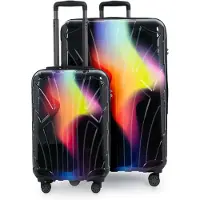Suitline - Lot de 2 valises de bord + grande valise de voyage extensible, trolleys avec 4 roulettes doubles, design brillant Dégradé de couleurs Valises Femme S + XLNeon Red Yellow
