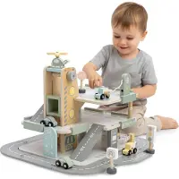 Mamabrum Grand garage en bois à trois étages pour enfants - Parking avec ascenseur, station-service, station de lavage & hélicoptère |