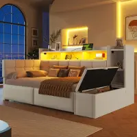 Flieks Canapé-lit Lit de jour 90x190cm avec tabouret de lit hydraulique, lit rembourré simple avec fonction de chargement et Led, lit de jeunes en velours avec étagères, blanc